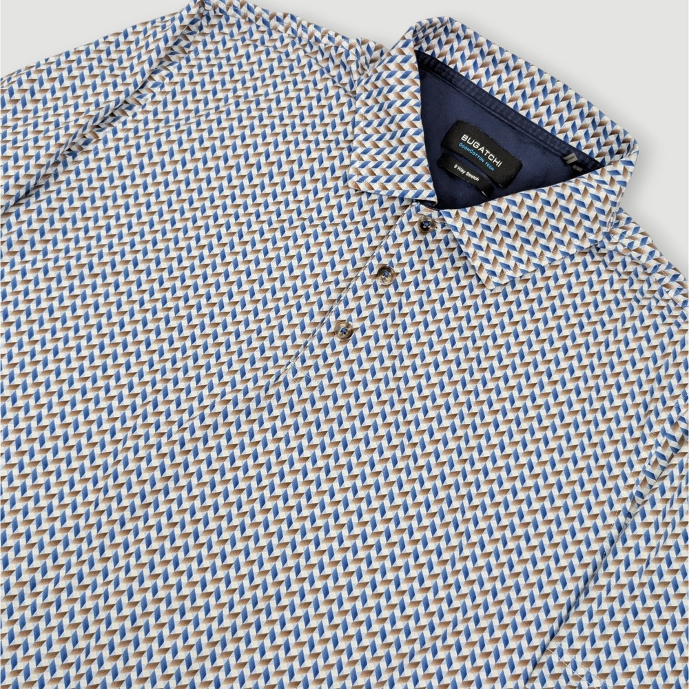 Bugatchi OoohCotton Tech 8-Way Stretch Polo Shirt Mens Large Blue Tan Geometric